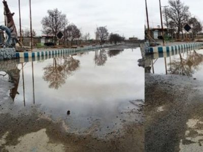 جمع شدن آب در بلوار کنار میدان روستای سنگر متعلق به آسفالت جدید نیست